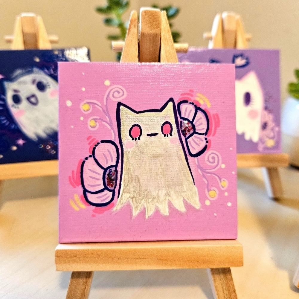 Charming Pink Cat Mini Painting on Easel